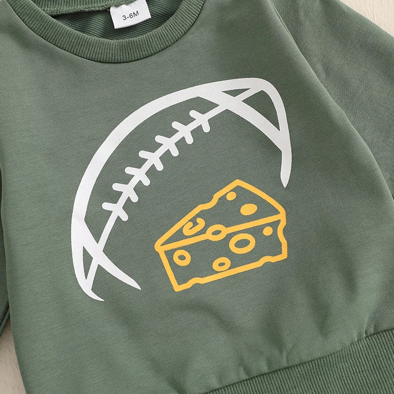 Toddler Baby Boy Football Clothes Set Long Sleeve Rugby Cheese Print Sweatshirt Casual Drawstring Pocket Long Pants