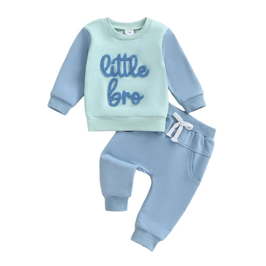 Baby Boy Little Bro Outfit – Fall/Spring – Letter Embroidery Pullover & Solid Pants Set