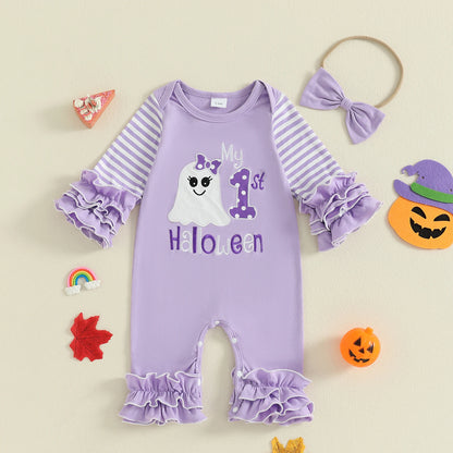 Baby Girl Halloween Outfit Set – Pumpkin & Ghost Embroidery Ruffle Romper with Striped Sleeves + Headband – Infant Toddler Fall Clothes