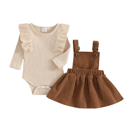 Baby Girl Corduroy Suspender Dress Set – Fall – Ruffle Ribbed Knit Top Outfit