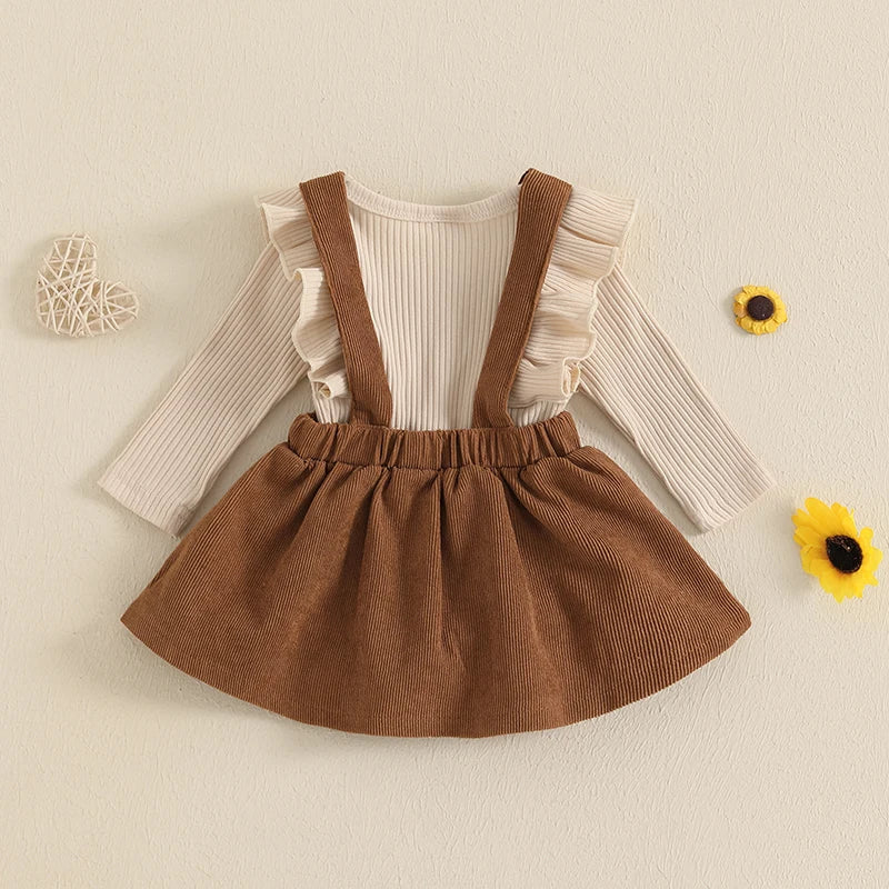 Baby Girl Corduroy Suspender Dress Set – Fall – Ruffle Ribbed Knit Top Outfit