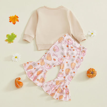 Toddler Girl Fall Pumpkin Outfit - Long Sleeve Top & Ruffle Bell Bottom Pants