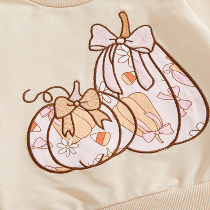 Toddler Girl Fall Pumpkin Outfit - Long Sleeve Top & Ruffle Bell Bottom Pants