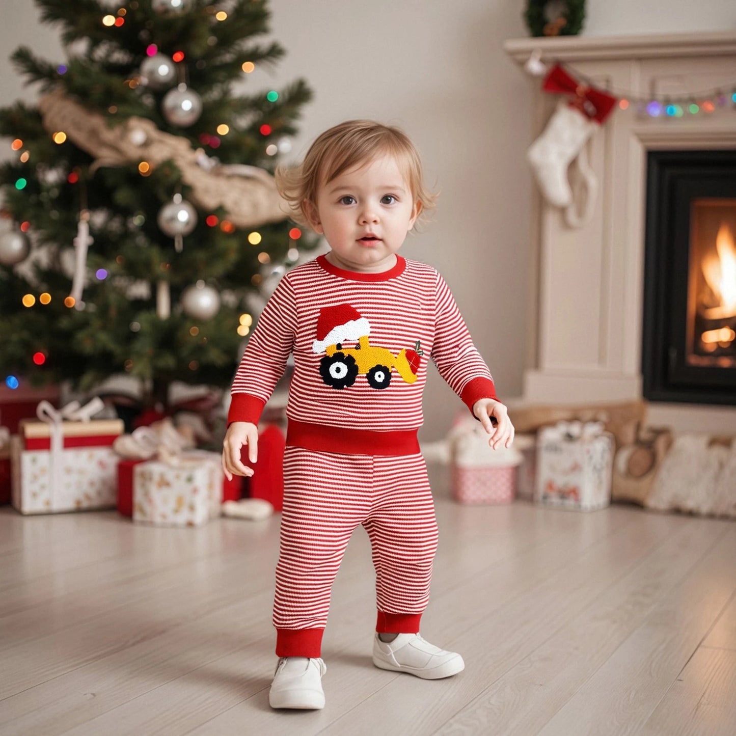 Baby Boy Christmas Tractor Outfit – Fall/Winter – Striped Sweatsuit Set