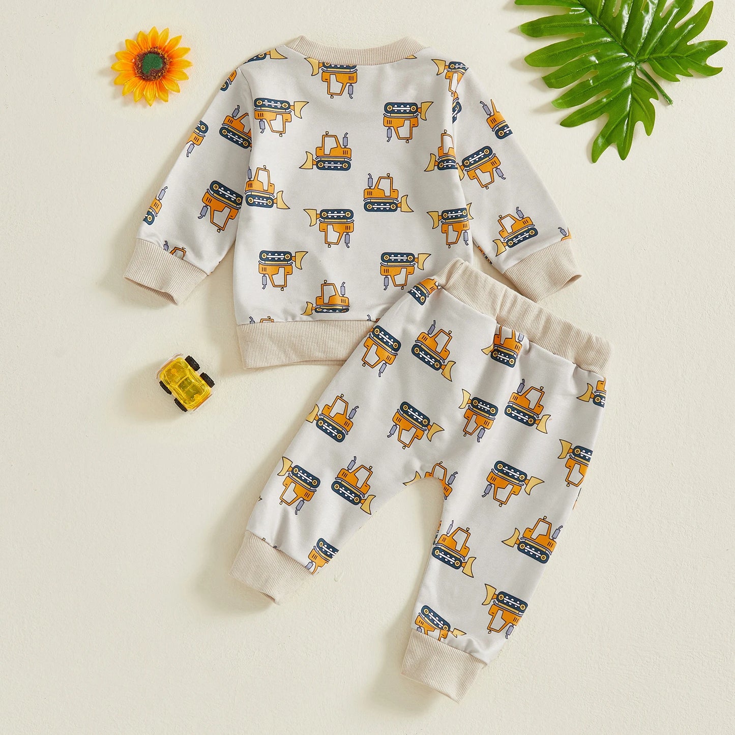 Baby Boy Excavator Print Outfit – Fall – Construction Pullover & Pants Set