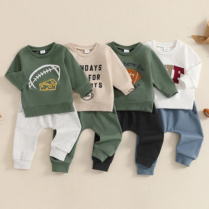 Toddler Baby Boy Football Clothes Set Long Sleeve Rugby Cheese Print Sweatshirt Casual Drawstring Pocket Long Pants