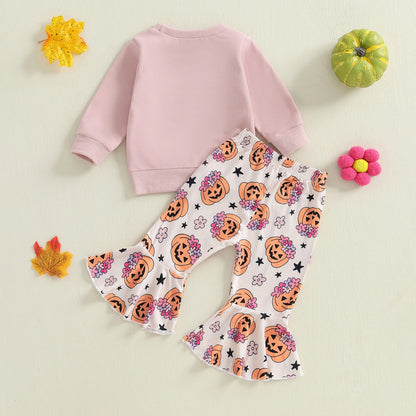 Baby Girl Pumpkin Sweatshirt & Flare Pants – Halloween/Fall – Toddler Outfit Set