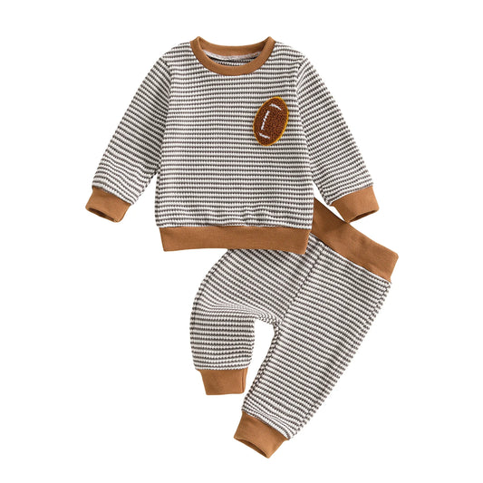Baby Boy Football Stripe Outfit Set – Long Sleeve Embroidery Top & Striped Pants – Infant Toddler Fall Casual Clothes