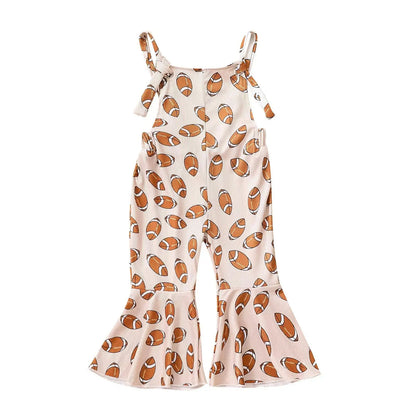 Toddler Girl Strap Jumpsuit Sleeveless Backless Football Rugby Print Romper Bell-Bottoms Romper