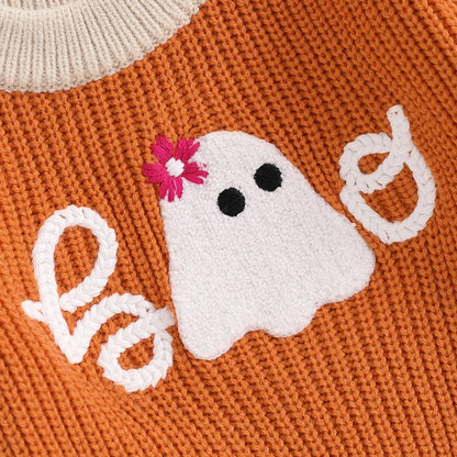 Toddler Baby Halloween Sweaters Long Sleeve Round Neck Ghost/Letter Embroidery Knit Tops Sweatshirts