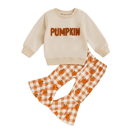 Girls Halloween Set Letter Embroidered Long Sleeve Sweatshirt Plaid Pumpkin Flare Pants Outfits