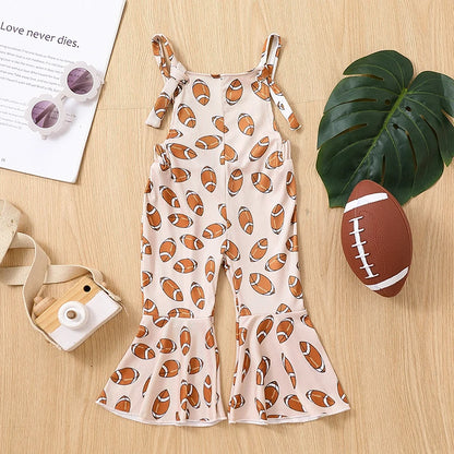 Toddler Girl Strap Jumpsuit Sleeveless Backless Football Rugby Print Romper Bell-Bottoms Romper