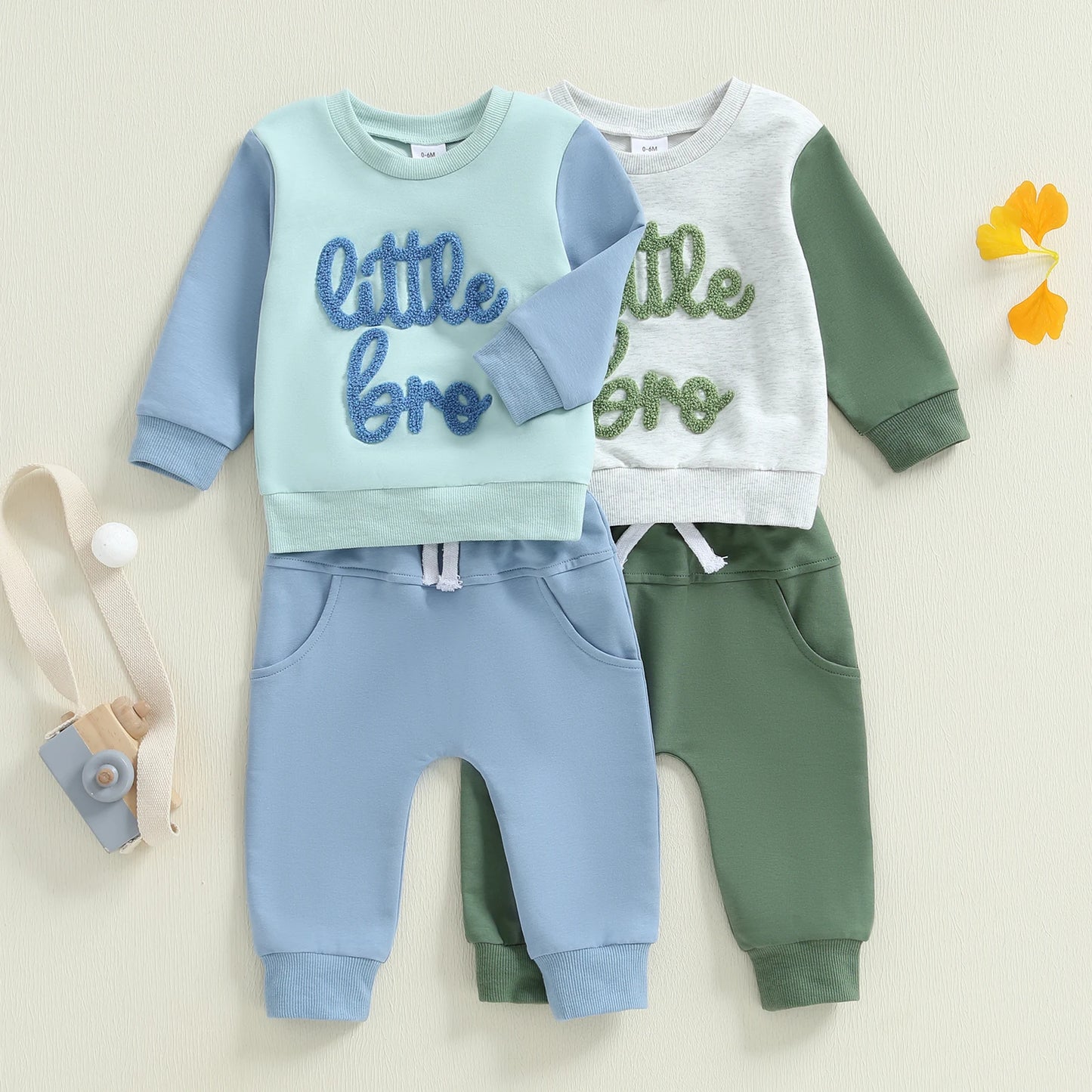 Baby Boy Little Bro Outfit – Fall/Spring – Letter Embroidery Pullover & Solid Pants Set