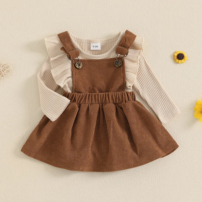 Baby Girl Corduroy Suspender Dress Set – Fall – Ruffle Ribbed Knit Top Outfit
