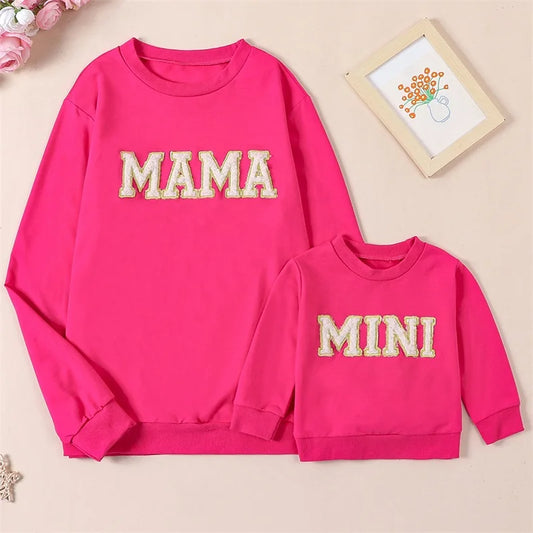 Mama and Mini Matching Outfits Letter Embroidery Long Sleeve Pullovers Fall Sweatshirt Tops