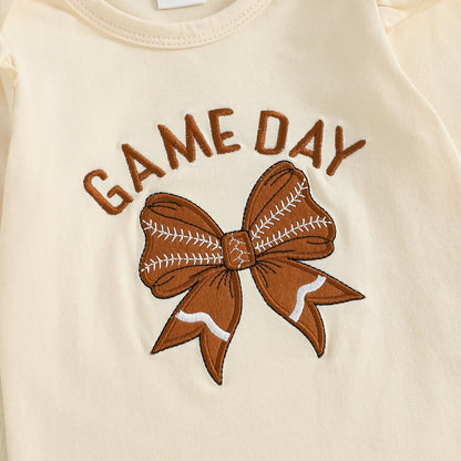 Baby Girl Football Print Romper & Flare Pants – Fall – Toddler Outfit Set