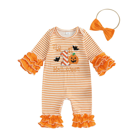 Baby Girl Halloween Outfit Set – Pumpkin & Ghost Embroidery Ruffle Romper with Striped Sleeves + Headband – Infant Toddler Fall Clothes
