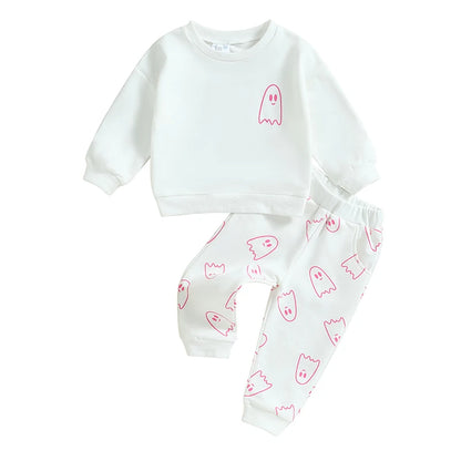 Toddler Girls Boys Fall Outfits Ghost Print Crew Neck Long Sleeve Sweatshirts Long Pants Halloween Outfit