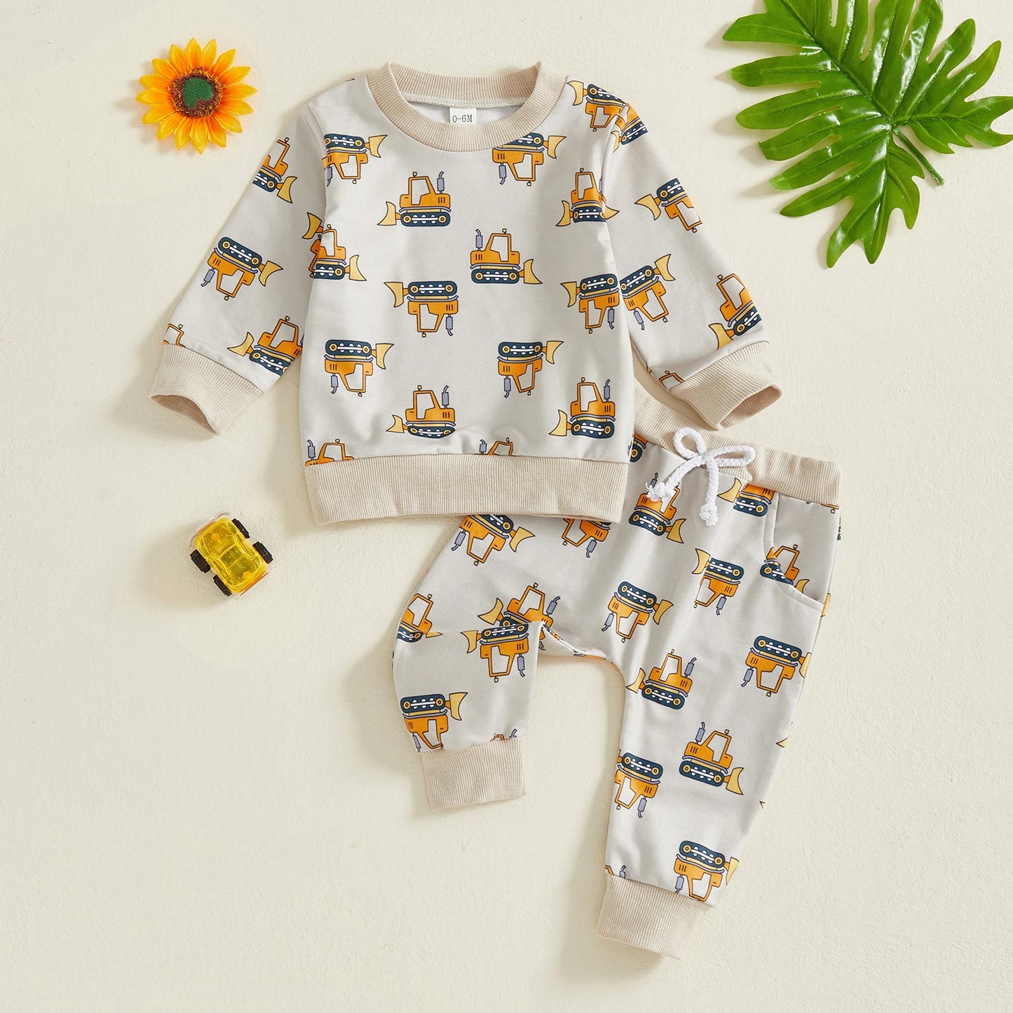 Baby Boy Excavator Print Outfit – Fall – Construction Pullover & Pants Set