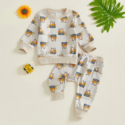 Baby Boy Excavator Print Outfit – Fall – Construction Pullover & Pants Set
