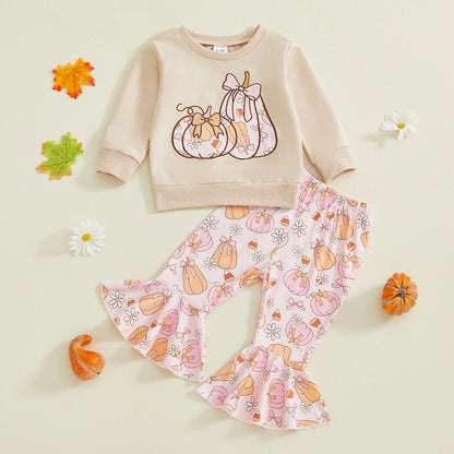 Toddler Girl Fall Pumpkin Outfit - Long Sleeve Top & Ruffle Bell Bottom Pants