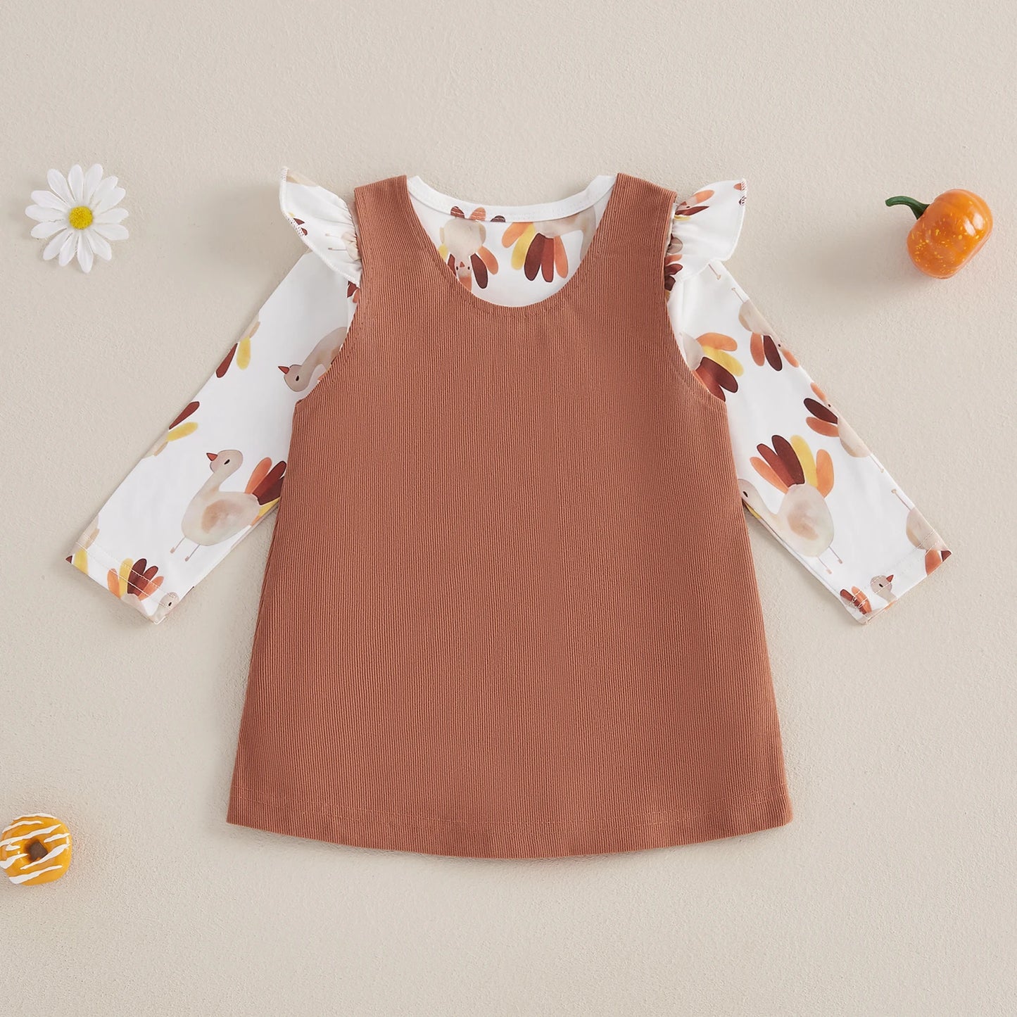 Baby Girl Thanksgiving Turkey Print Outfit – Fall/Autumn – Romper & Dress Set