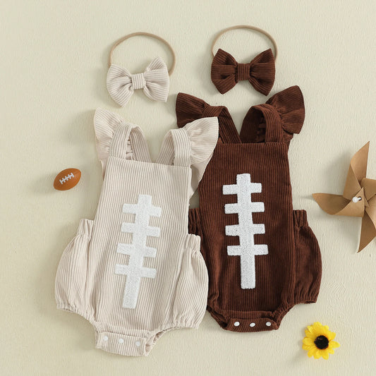 Baby Girl Football Romper & Bow Headband – Fall/Autumn – Sleeveless Outfit Set