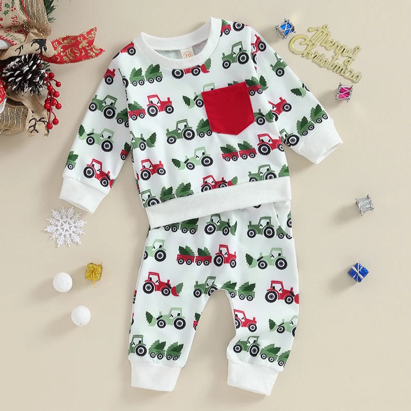 Toddler Baby Boys Girls Christmas Clothes Sets Xmas Tree Print Long Sleeve Pullover Sweatshirts Pants