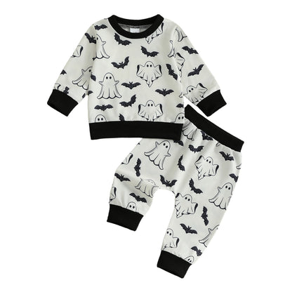 Baby Ghost & Bat Print Outfit – Halloween/Fall – Long Sleeve Sweatshirt & Pants Set