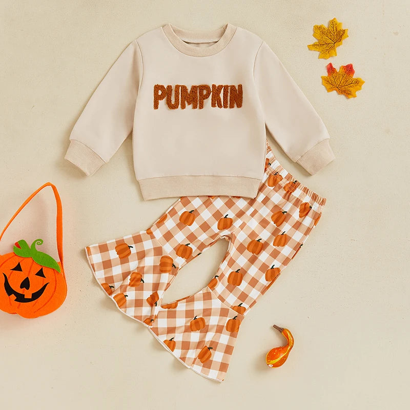Girls Halloween Set Letter Embroidered Long Sleeve Sweatshirt Plaid Pumpkin Flare Pants Outfits