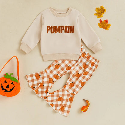 Girls Halloween Set Letter Embroidered Long Sleeve Sweatshirt Plaid Pumpkin Flare Pants Outfits