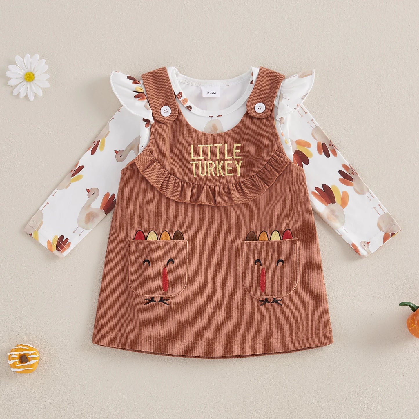 Baby Girl Thanksgiving Turkey Print Outfit – Fall/Autumn – Romper & Dress Set