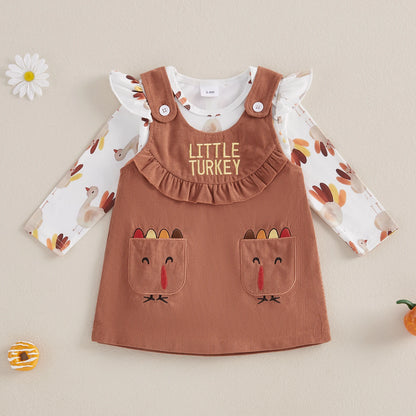 Baby Girl Thanksgiving Turkey Print Outfit – Fall/Autumn – Romper & Dress Set