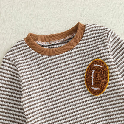 Baby Boy Football Stripe Outfit Set – Long Sleeve Embroidery Top & Striped Pants – Infant Toddler Fall Casual Clothes