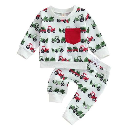 Toddler Baby Boys Girls Christmas Clothes Sets Xmas Tree Print Long Sleeve Pullover Sweatshirts Pants