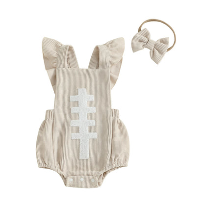 Baby Girl Football Romper & Bow Headband – Fall/Autumn – Sleeveless Outfit Set