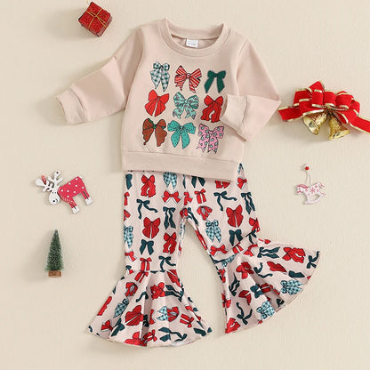 Baby Girl Bow Print Sweatshirt & Flared Pants – Christmas/Winter Outfit – Toddler Set & Holiday Gifts