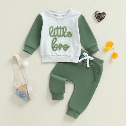 Baby Boy Little Bro Outfit – Fall/Spring – Letter Embroidery Pullover & Solid Pants Set