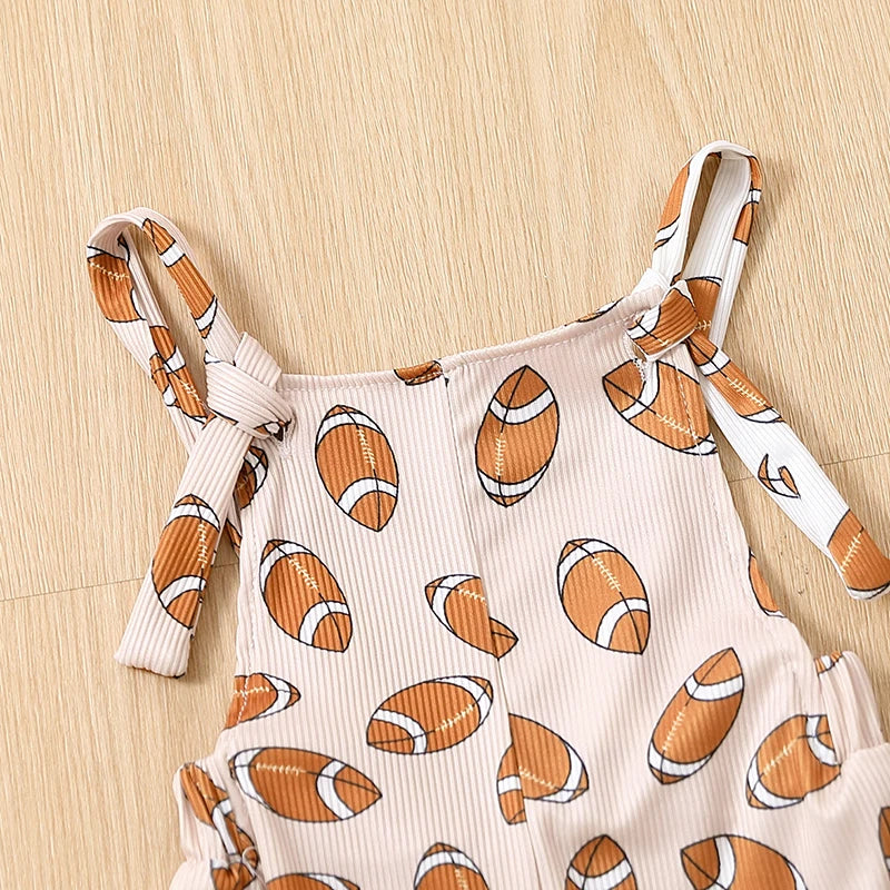 Toddler Girl Strap Jumpsuit Sleeveless Backless Football Rugby Print Romper Bell-Bottoms Romper