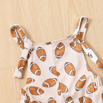Toddler Girl Strap Jumpsuit Sleeveless Backless Football Rugby Print Romper Bell-Bottoms Romper