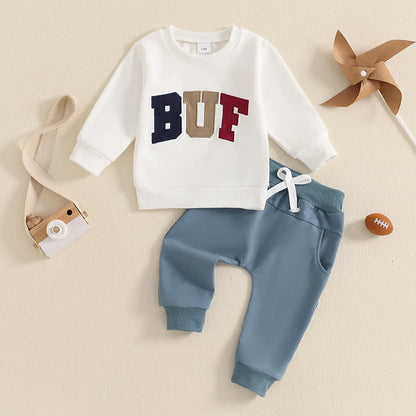 Toddler Baby Boy Football Clothes Set Long Sleeve Rugby Cheese Print Sweatshirt Casual Drawstring Pocket Long Pants