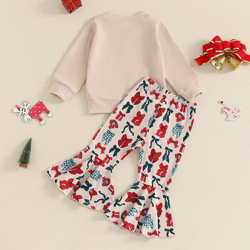 Baby Girl Bow Print Sweatshirt & Flared Pants – Christmas/Winter Outfit – Toddler Set & Holiday Gifts