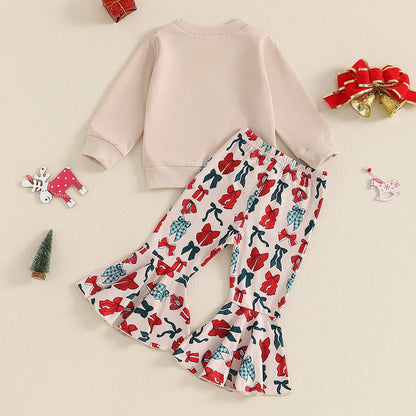 Baby Girl Bow Print Sweatshirt & Flared Pants – Christmas/Winter Outfit – Toddler Set & Holiday Gifts