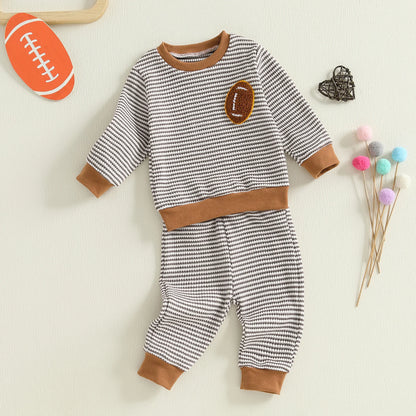 Baby Boy Football Stripe Outfit Set – Long Sleeve Embroidery Top & Striped Pants – Infant Toddler Fall Casual Clothes