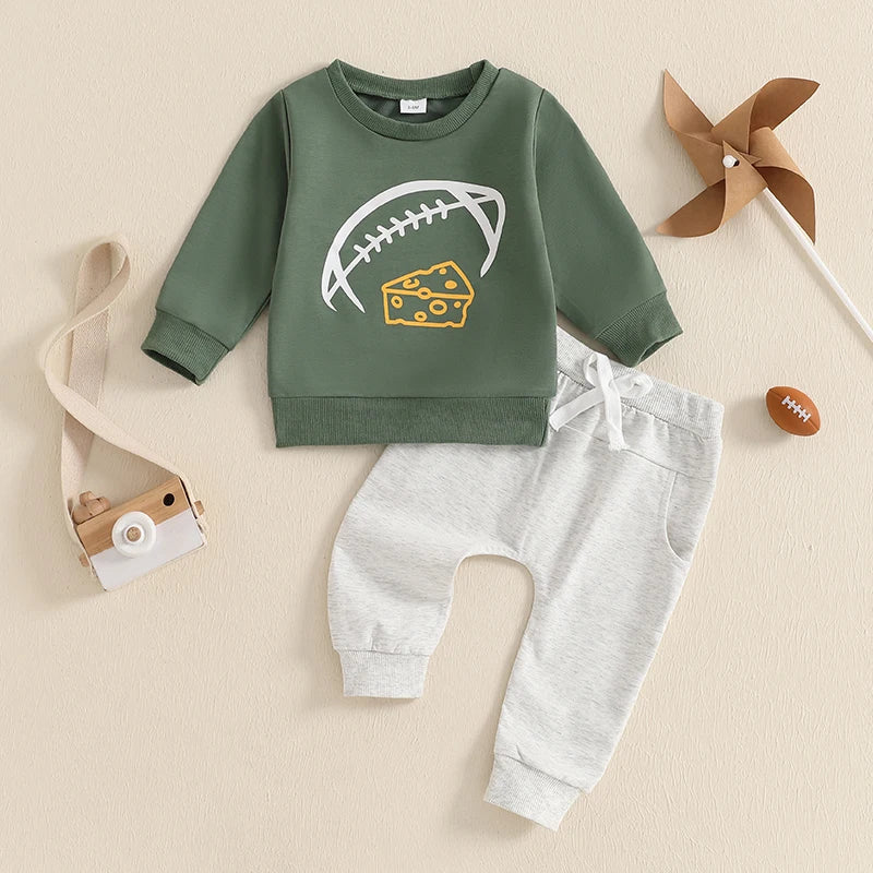 Toddler Baby Boy Football Clothes Set Long Sleeve Rugby Cheese Print Sweatshirt Casual Drawstring Pocket Long Pants