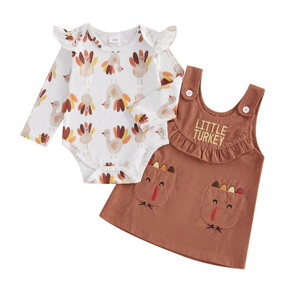 Baby Girl Thanksgiving Turkey Print Outfit – Fall/Autumn – Romper & Dress Set