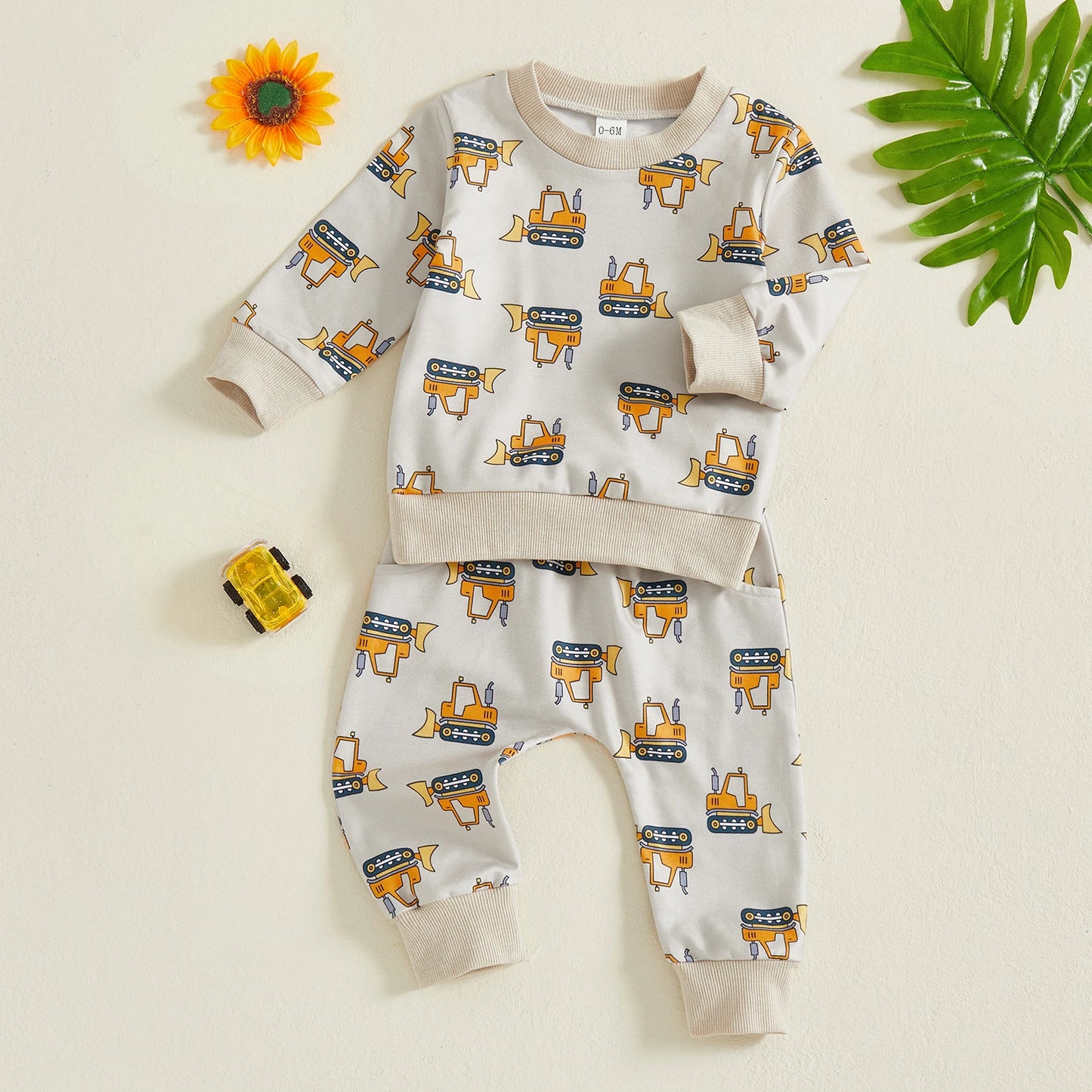 Baby Boy Excavator Print Outfit – Fall – Construction Pullover & Pants Set