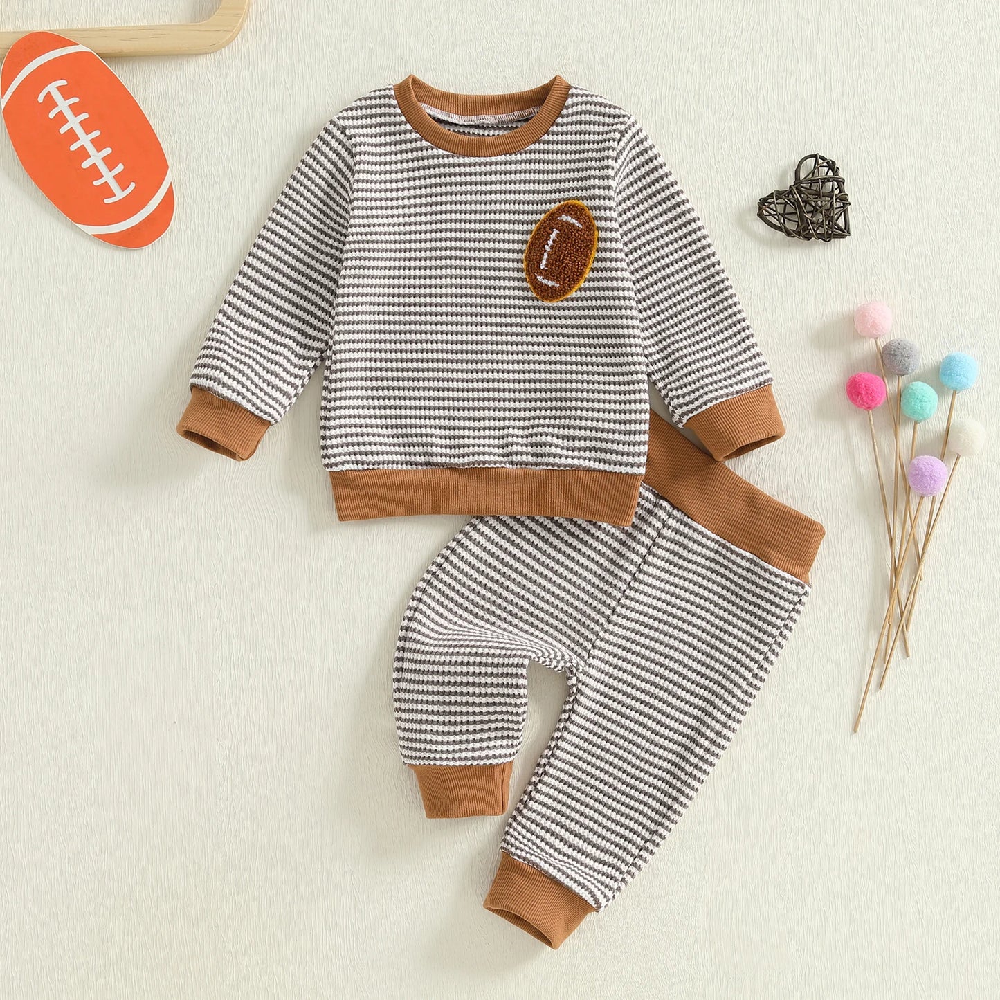 Baby Boy Football Stripe Outfit Set – Long Sleeve Embroidery Top & Striped Pants – Infant Toddler Fall Casual Clothes