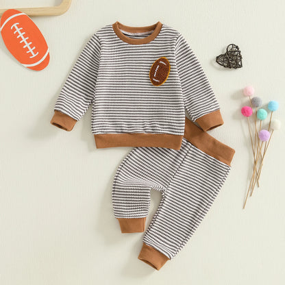 Baby Boy Football Stripe Outfit Set – Long Sleeve Embroidery Top & Striped Pants – Infant Toddler Fall Casual Clothes
