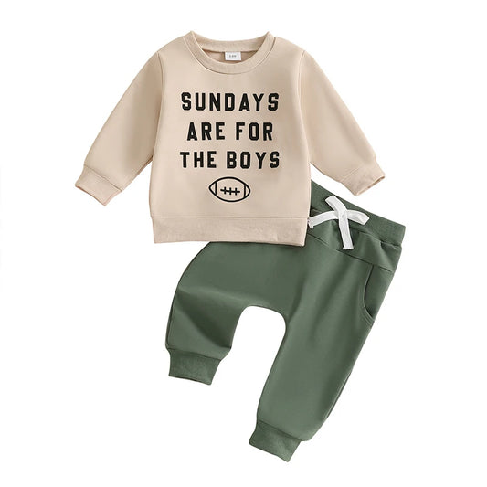 Toddler Baby Boy Football Clothes Set Long Sleeve Rugby Cheese Print Sweatshirt Casual Drawstring Pocket Long Pants